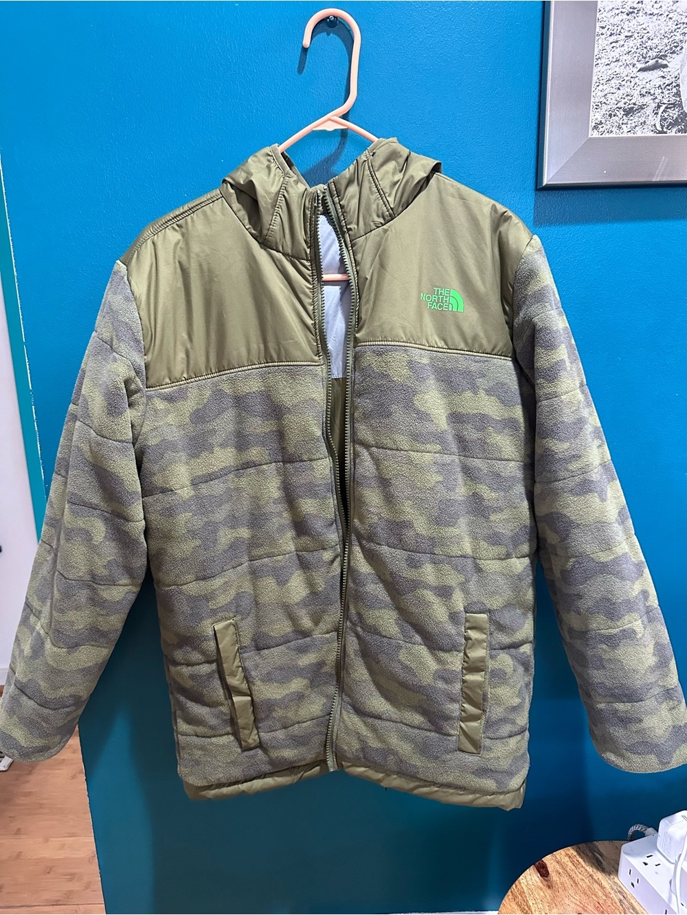 The North Face Kids Olive Green Camo Hooded Puffer Jacket